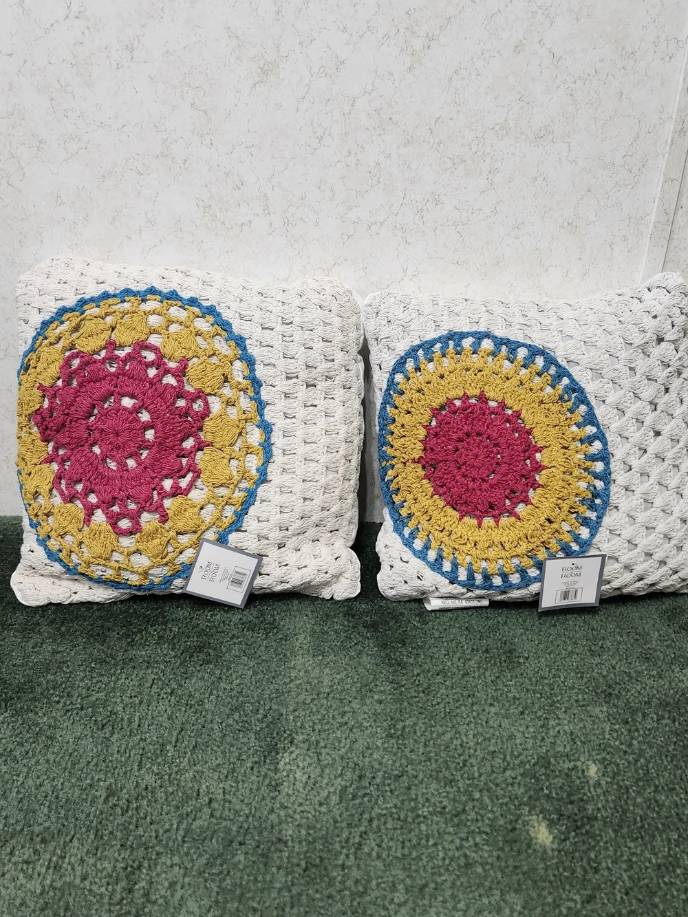 Crochet Mandala Accent Pillows 2 Piece Set Boho Hippie Retro Cottage Core